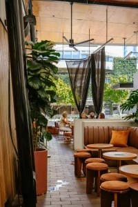 Sân vườn cafe với cây xanh, bàn ghế ngoài trời