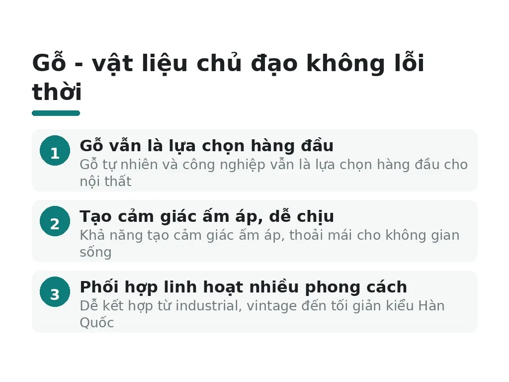 1. gỗ, vật liệu chủ đạo không bao giờ lỗi thời